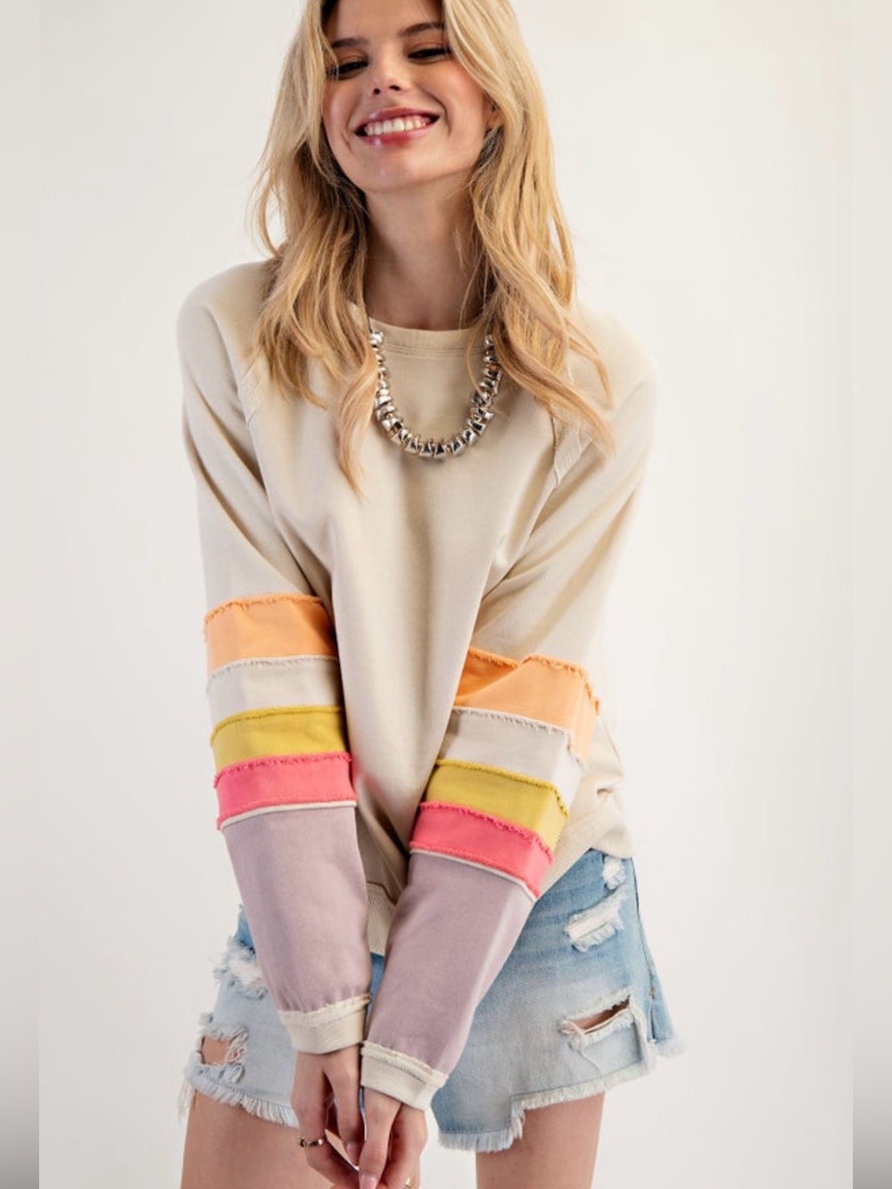 Cream Sweatshirt with Colorblock Sleeve Stripes